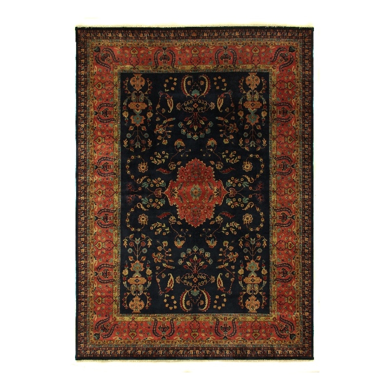 Antique Weave Sarouk Hand-Knotted New Zealand Wool Navy 8'x8' Round Area Rug