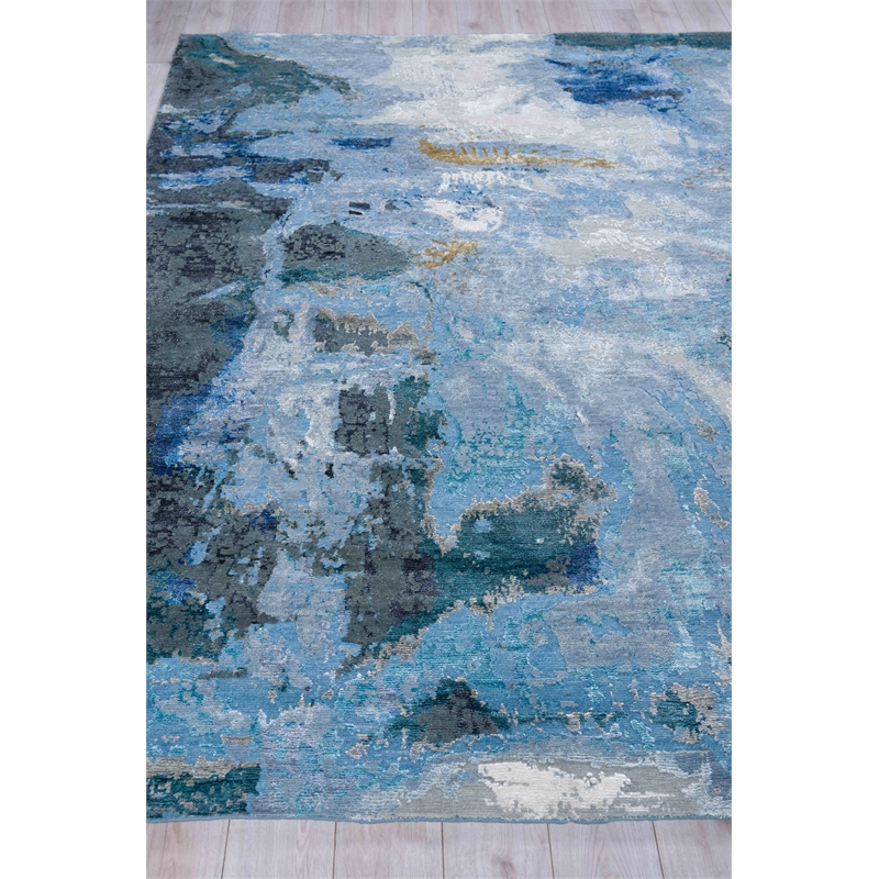 Cosmo Hand-Knotted Wool/Bamboo Silk Blue/Silver/Dark Gray 6'x9' Area Rug