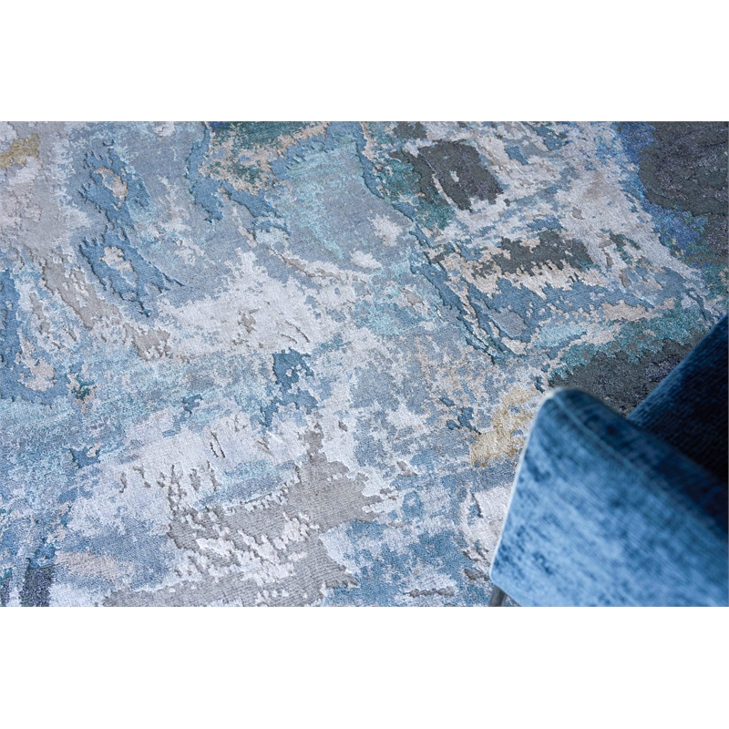 Cosmo Hand-Knotted Wool/Bamboo Silk Blue/Silver/Dark Gray 9'x12' Area Rug