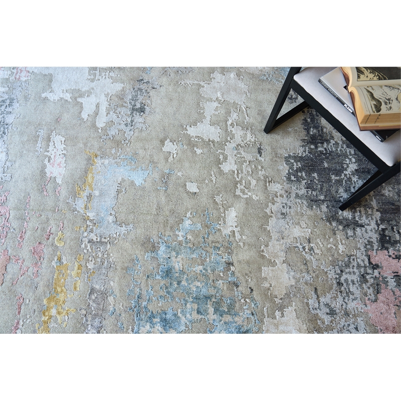 Cosmo Hand-Knotted Wool/Bamboo Silk Silver/Blue/Beige 12'x15' Area Rug