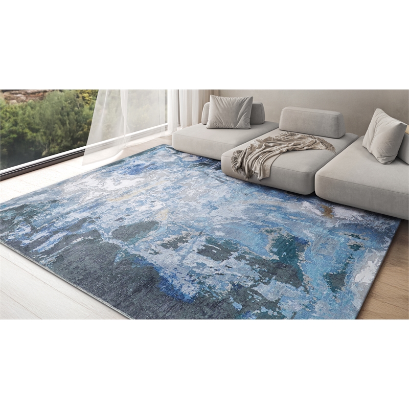 Cosmo Hand-Knotted Wool/Bamboo Silk Blue/Silver/Dark Gray 10'x14' Area Rug