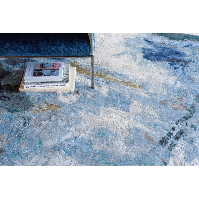 Cosmo Hand-Knotted Wool/Bamboo Silk Blue/Silver/Dark Gray 12'x15' Area Rug