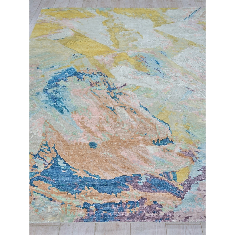 Floor Art Hand-Knotted Bamboo Silk Ivory/Gold/Blue 4'x6' Area Rug