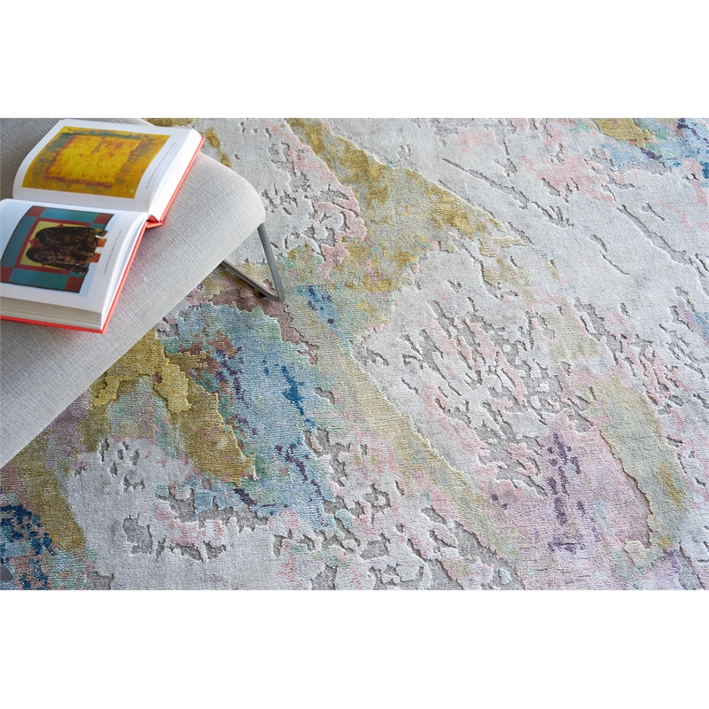 Floor Art Hand-Knotted Bamboo Silk Ivory/Gold/Blue 8'x10' Area Rug