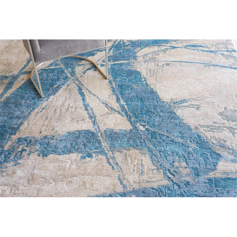 Floor Art Hand-Knotted Bamboo Silk Ivory/Light Blue 9'x12' Area Rug