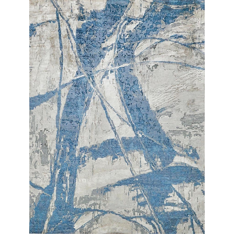 Floor Art Hand-Knotted Bamboo Silk Ivory/Light Blue 9'x12' Area Rug