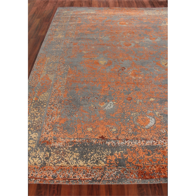 Maison Hand-Knotted Wool/Bamboo Silk Gray/Red/Orange 9'x12' Area Rug