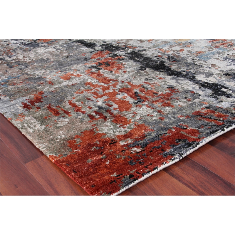 Laureno Hand-Knotted Bamboo Silk Navy/Silver/Rust 12'x15' Area Rug