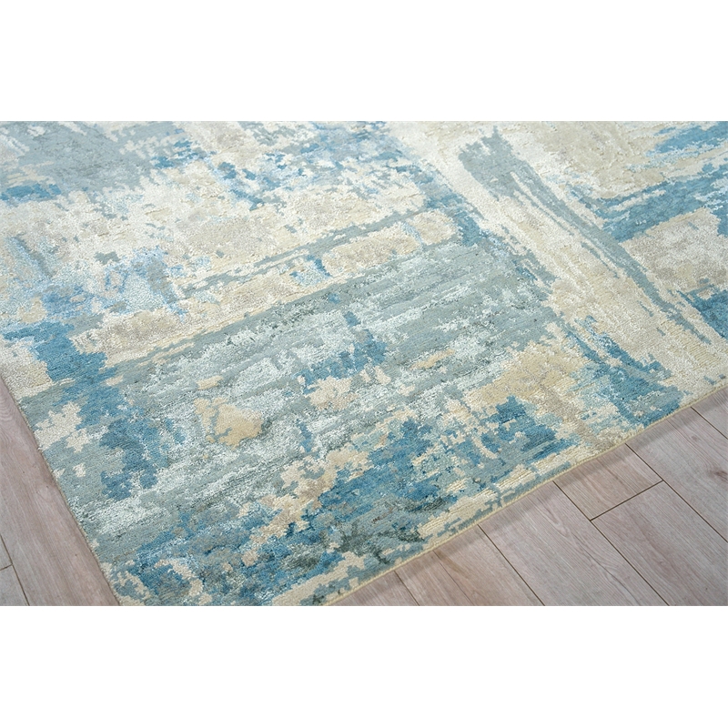 Luxury Laureno Hand-Knotted Bamboo Silk Ivory/Light Blue 9'x12' Area Rug