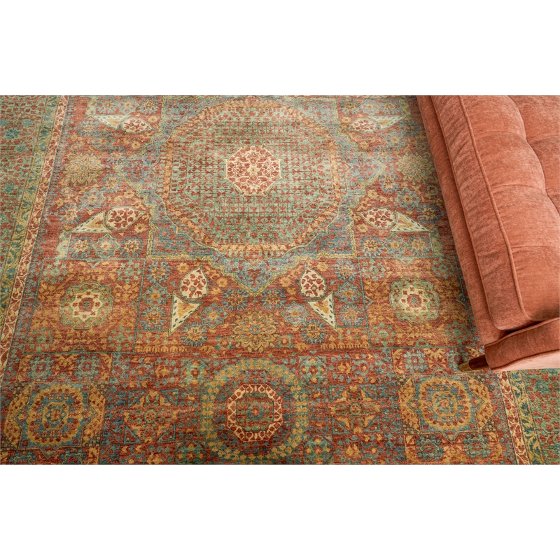 Mamluk Hand-Knotted New Zealand Wool Rust/Green 10'x14' Area Rug