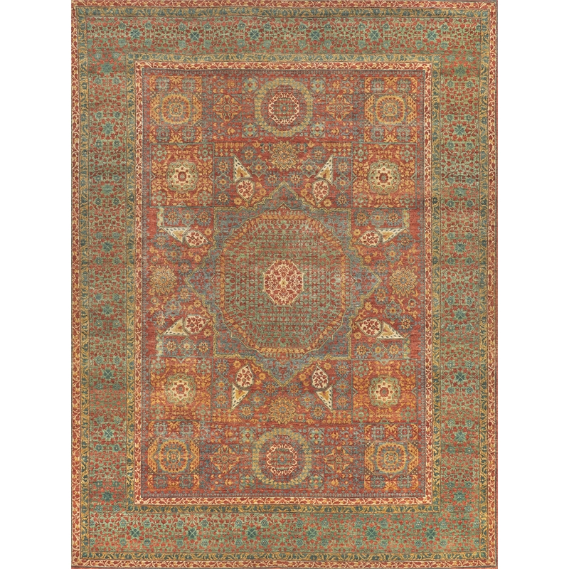 Mamluk Hand-Knotted New Zealand Wool Rust/Green 10'x14' Area Rug