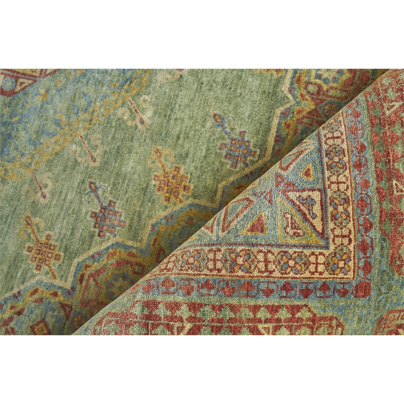 Mamluk Hand-Knotted New Zealand Wool Green/Light Blue 10'x14' Area Rug
