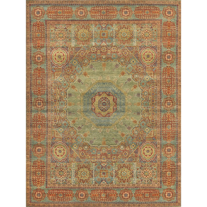 Mamluk Hand-Knotted New Zealand Wool Green/Light Blue 8'x10' Area Rug