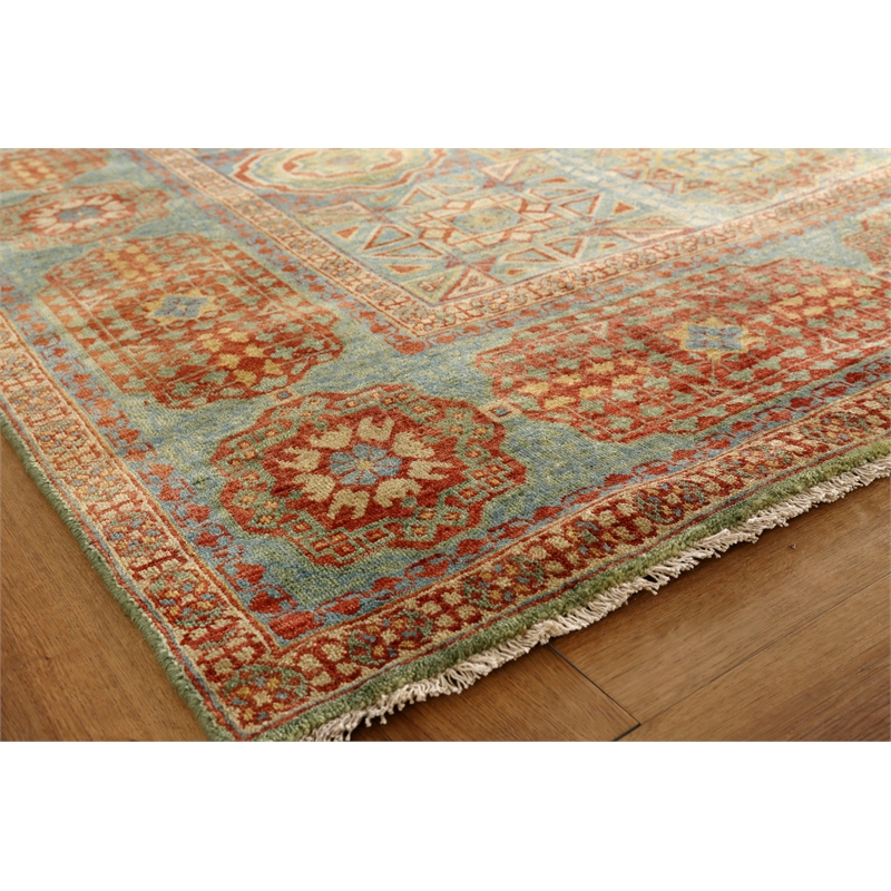 Mamluk Hand-Knotted New Zealand Wool Green/Light Blue 9'x12' Area Rug