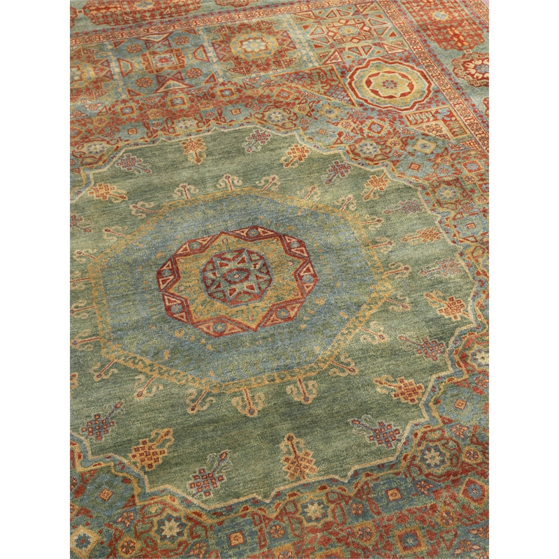 Mamluk Hand-Knotted New Zealand Wool Green/Light Blue 9'x12' Area Rug