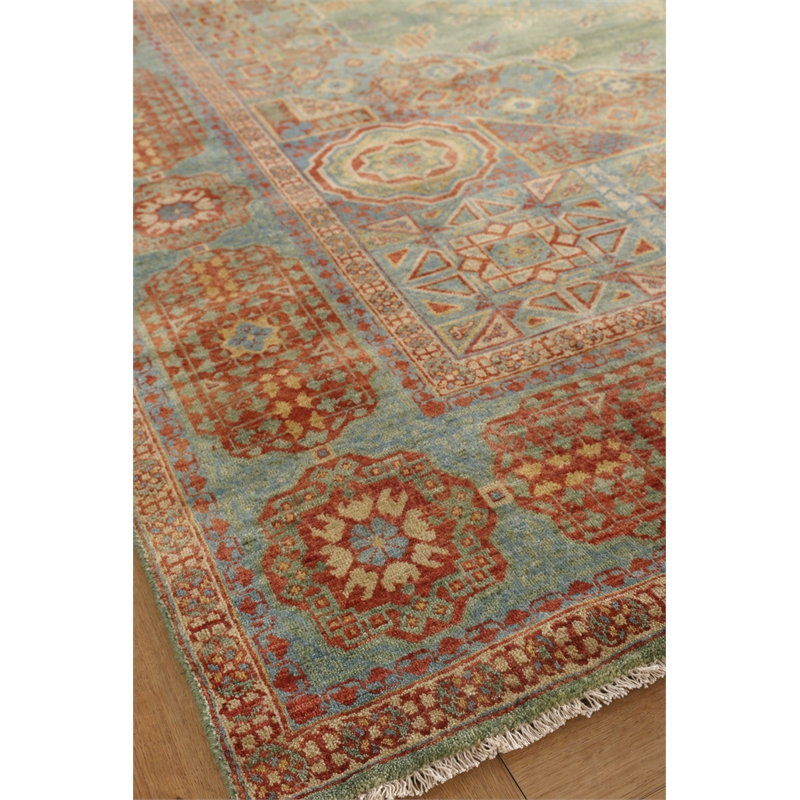 Mamluk Hand-Knotted New Zealand Wool Green/Light Blue 9'x12' Area Rug
