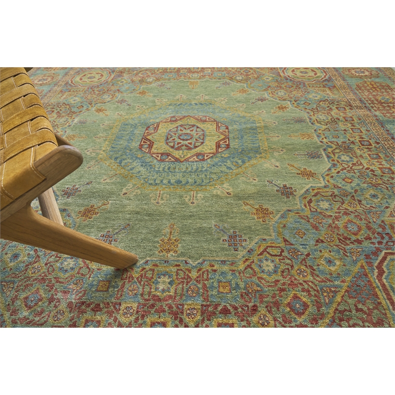 Mamluk Hand-Knotted New Zealand Wool Green/Light Blue 9'x12' Area Rug