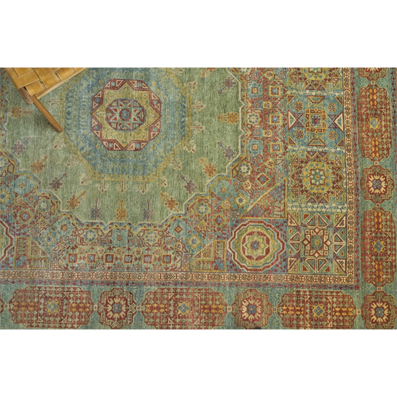 Mamluk Hand-Knotted New Zealand Wool Green/Light Blue 9'x12' Area Rug