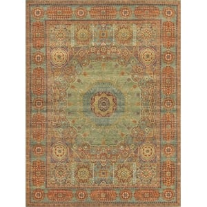 Mamluk Hand-Knotted New Zealand Wool Green/Light Blue 9'x12' Area Rug