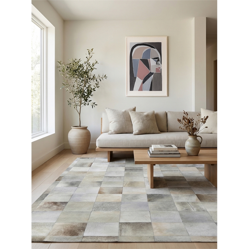 Natural Hide Hand-Tufted Leather Hide Silver 9'6