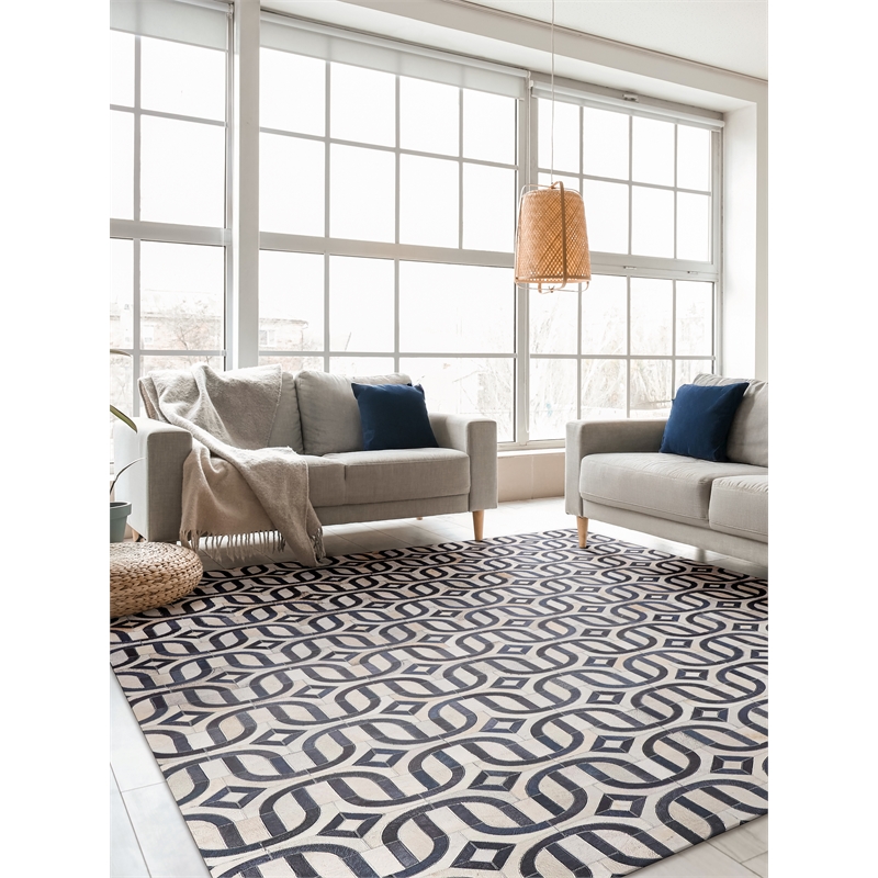 Natural Hide Hand-Tufted Leather Hide Silver/Blue 11'6