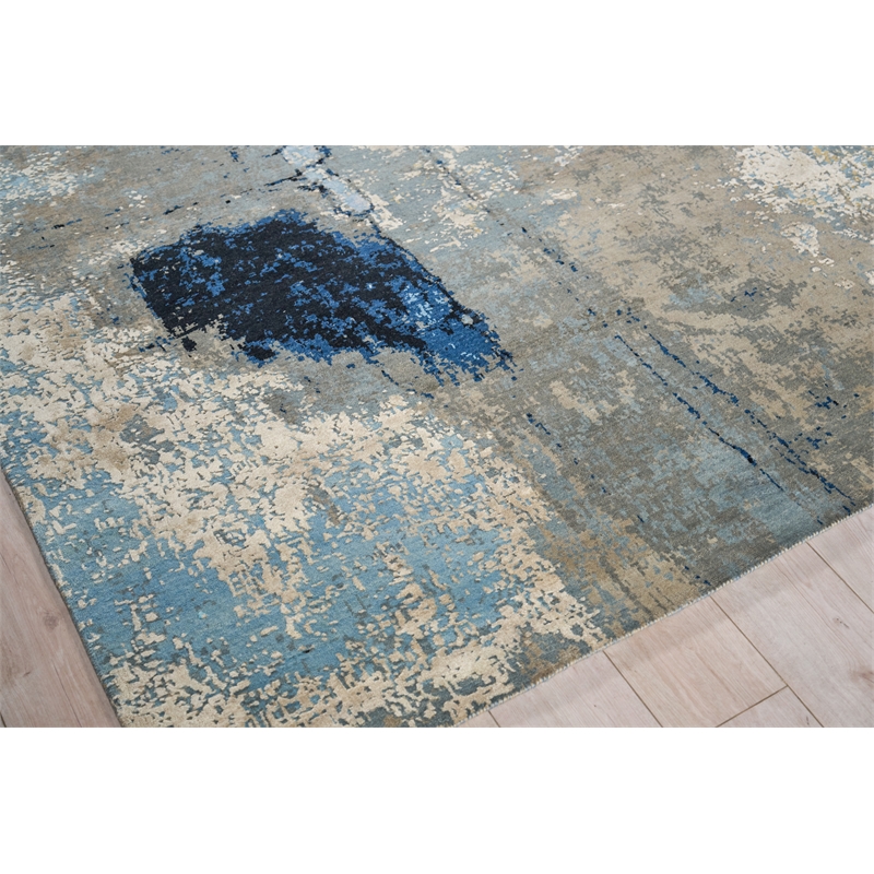 Picasso Hand-Knotted Wool/Silk Blue/Silver/Black 8'x10' Area Rug