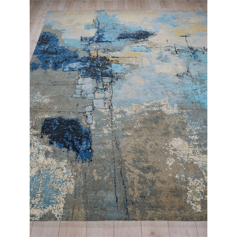 Picasso Hand-Knotted Wool/Silk Blue/Silver/Black 8'x10' Area Rug
