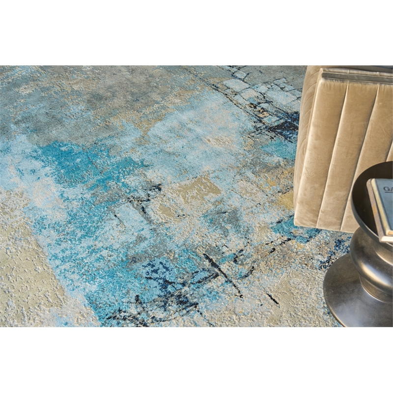 Picasso Hand-Knotted Wool/Silk Blue/Silver/Black 8'x10' Area Rug