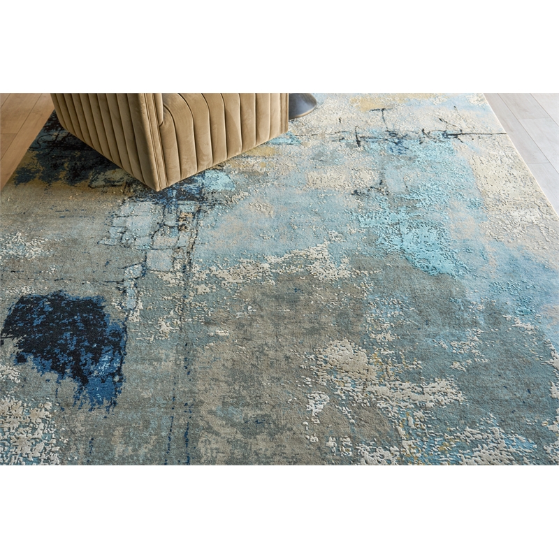 Picasso Hand-Knotted Wool/Silk Blue/Silver/Black 8'x10' Area Rug
