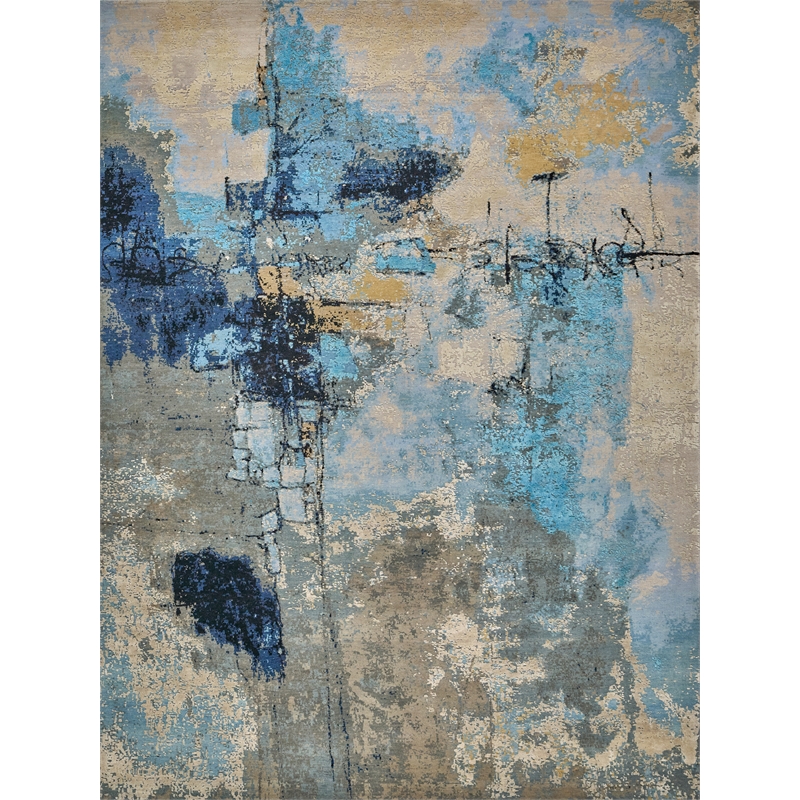 Picasso Hand-Knotted Wool/Silk Blue/Silver/Black 8'x10' Area Rug