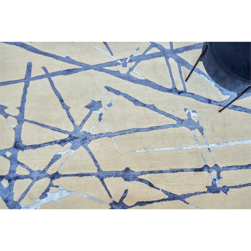 Space Age Hand-Knotted Wool/Bamboo Silk Gray/Royal Blue/Navy 10'x14' Area Rug