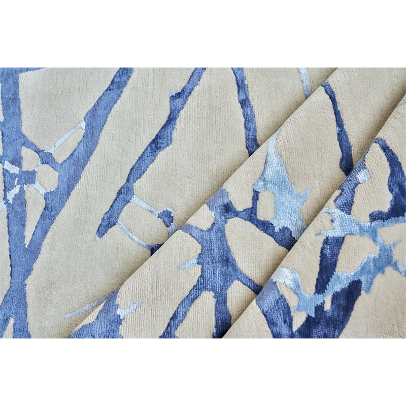 Space Age Hand-Knotted Wool/Bamboo Silk Gray/Royal Blue/Navy 8'x10' Area Rug