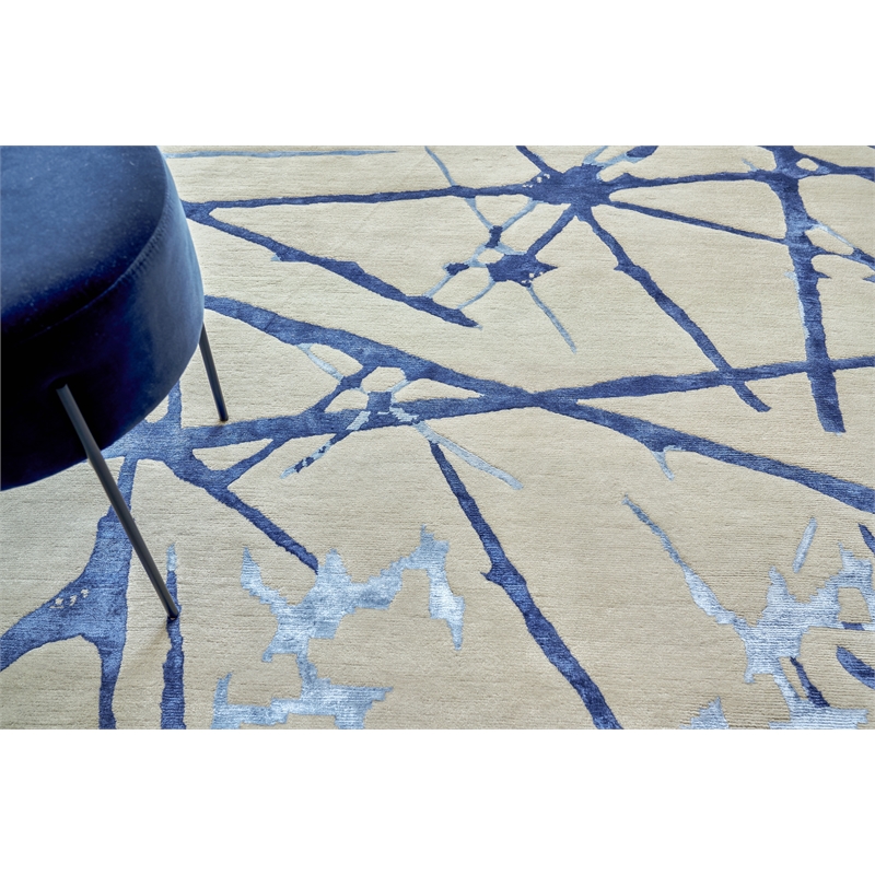 Space Age Hand-Knotted Wool/Bamboo Silk Gray/Royal Blue/Navy 9'x12' Area Rug