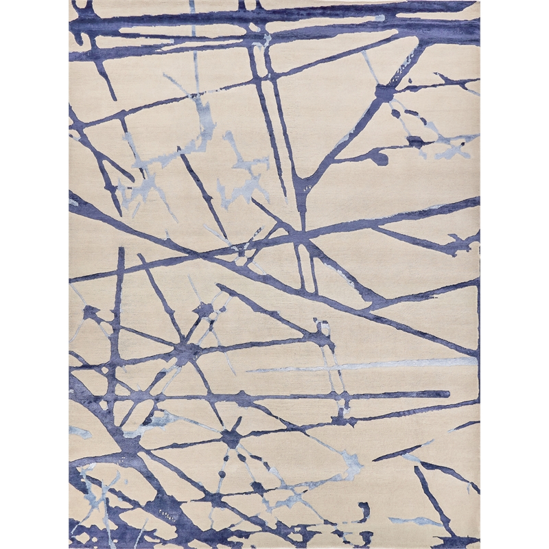 Space Age Hand-Knotted Wool/Bamboo Silk Gray/Royal Blue/Navy 9'x12' Area Rug