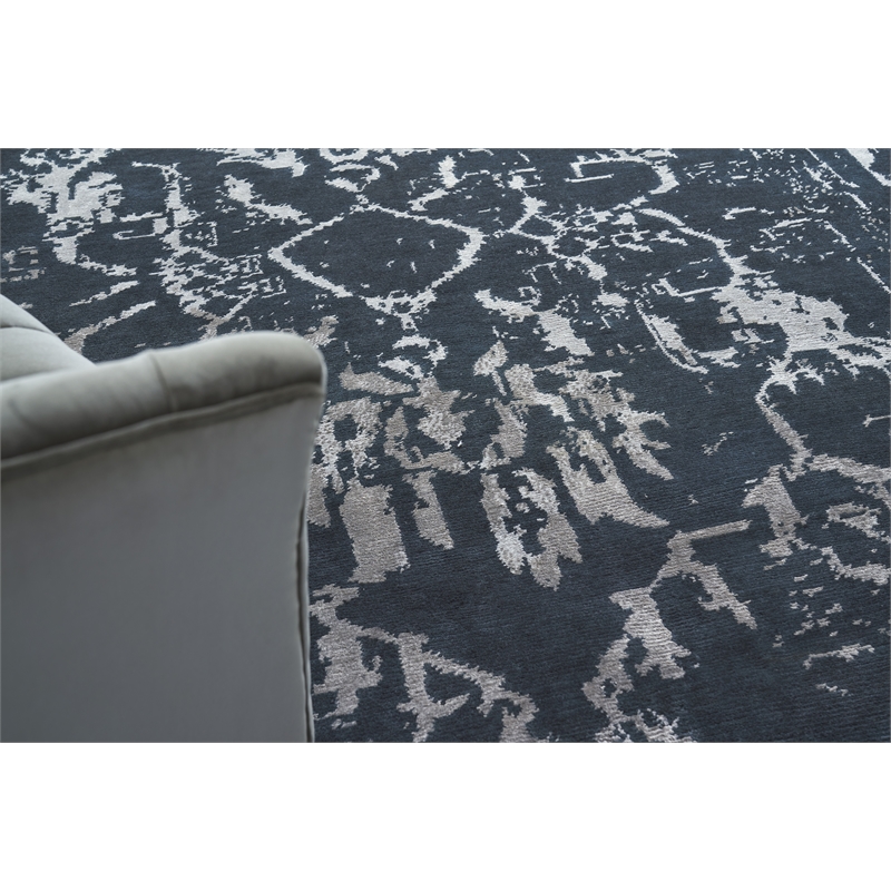 Terras Hand-Knotted Wool/Bamboo Silk Navy/Silver 12'x15' Area Rug