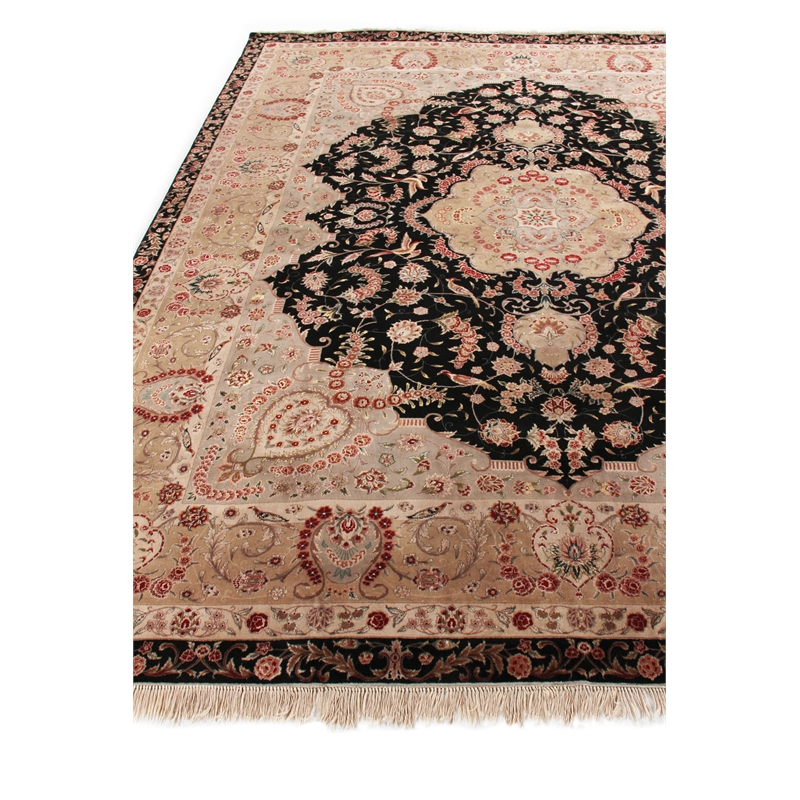 Super Fine Tabriz Hand-Knotted New Zealand Wool Black/Ivory 9'x12' Area Rug