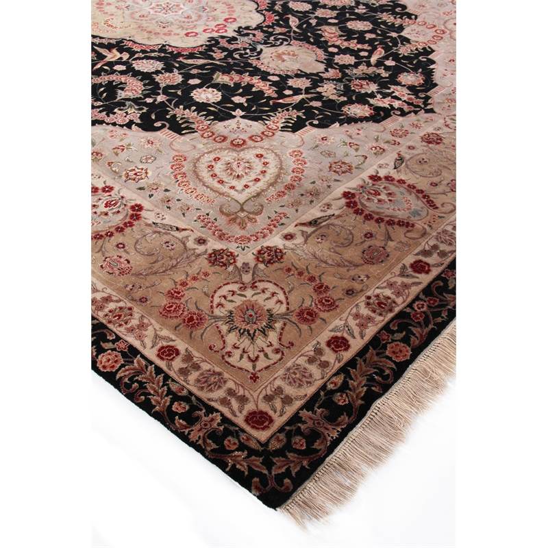 Super Fine Tabriz Hand-Knotted New Zealand Wool Black/Ivory 9'x12' Area Rug