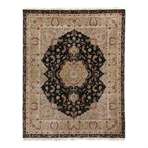 Super Fine Tabriz Hand-Knotted New Zealand Wool Black/Ivory 9'x12' Area Rug