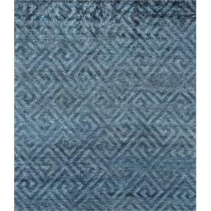 Super Tibetan Hand-Knotted Wool/Bamboo Silk Aqua Blue 12'x15' Area Rug