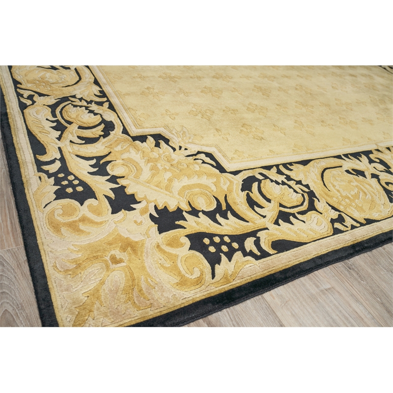 Super Tibetan Hand-Knotted Wool/Bamboo Silk Gold/Black 9'x12' Area Rug
