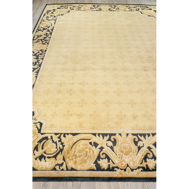 Super Tibetan Hand-Knotted Wool/Bamboo Silk Gold/Black 9'x12' Area Rug