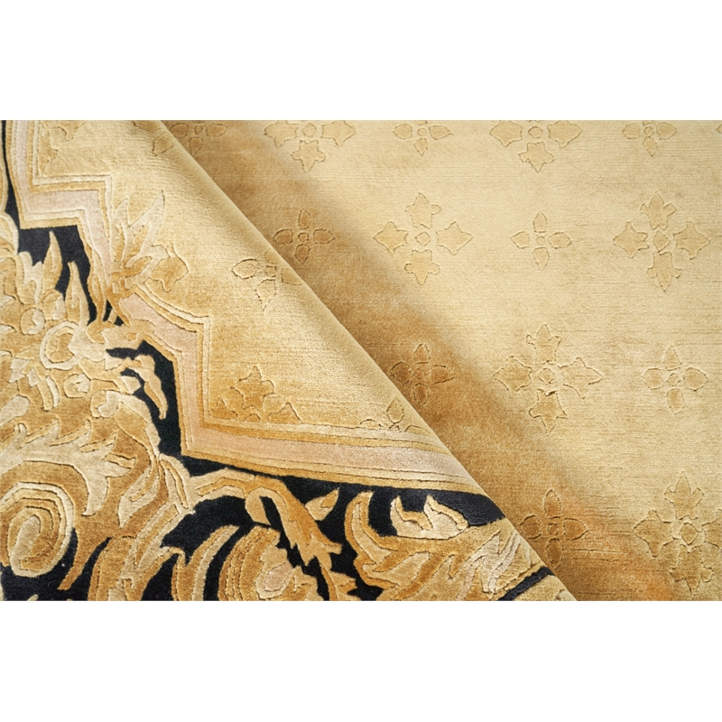 Super Tibetan Hand-Knotted Wool/Bamboo Silk Gold/Black 9'x12' Area Rug