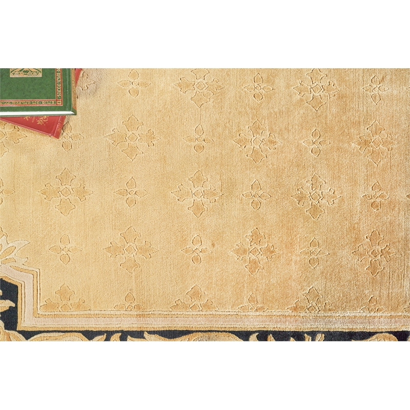 Super Tibetan Hand-Knotted Wool/Bamboo Silk Gold/Black 9'x12' Area Rug