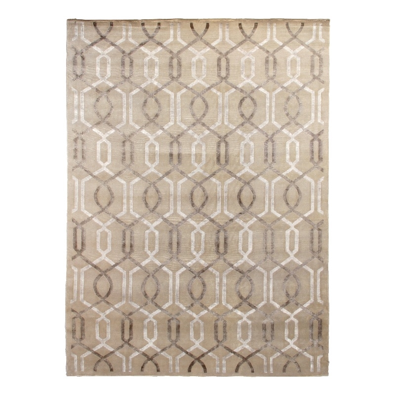 Super Tibetan Hand-Knotted Wool/Bamboo Silk Beige/Ivory 8'x11' Area Rug
