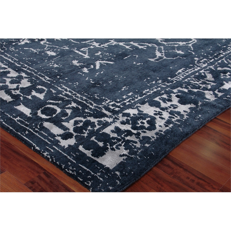 Terras Hand-Knotted Wool/Bamboo Silk Navy/Silver 6'x9' Area Rug