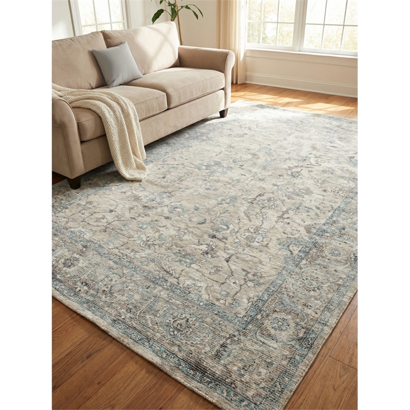 Tuscany Handloomed Wool/Bamboo Silk Beige/Blue 8'x10' Area Rug