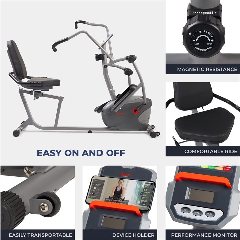 Sunny Health & Fitness Performance Interactive Series Recumbent Elliptical -Grey