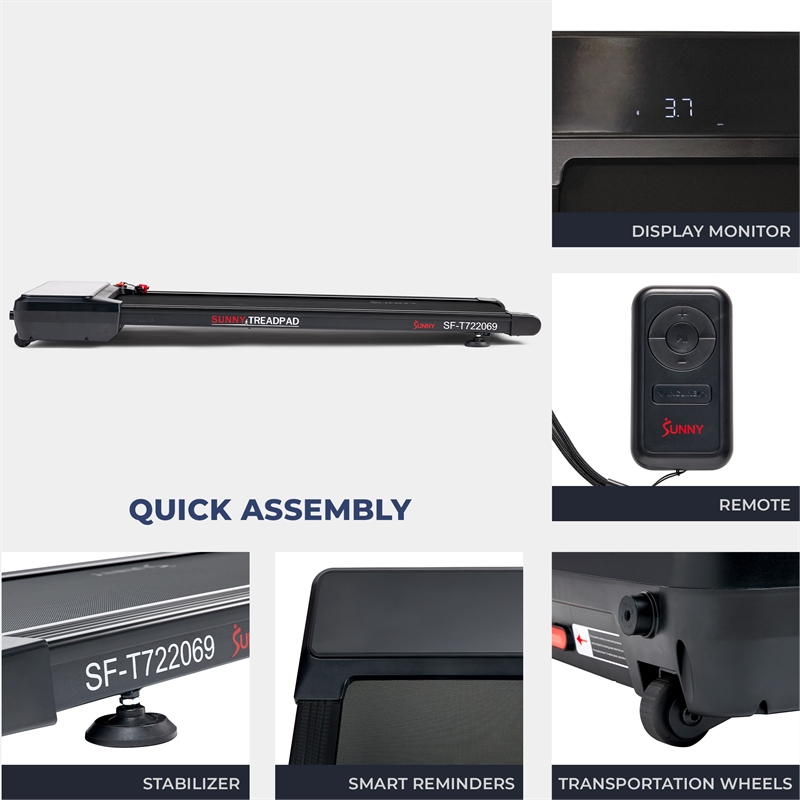 Sunny Health & Fitness Smart Compact Auto Incline Treadpad Treadmill in Black