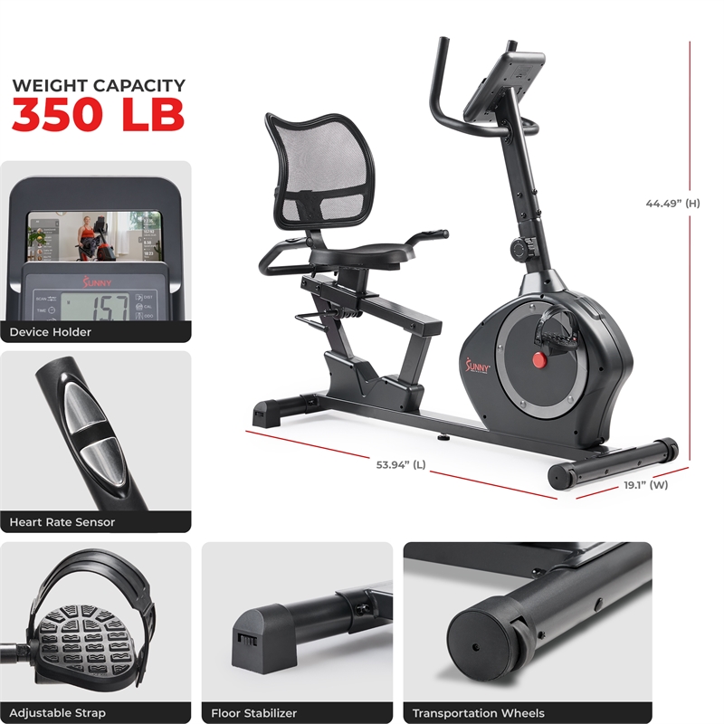 Sunny Health & Fitness Smart HD Mag Recumb Bike w/ 350LB Cap in Black