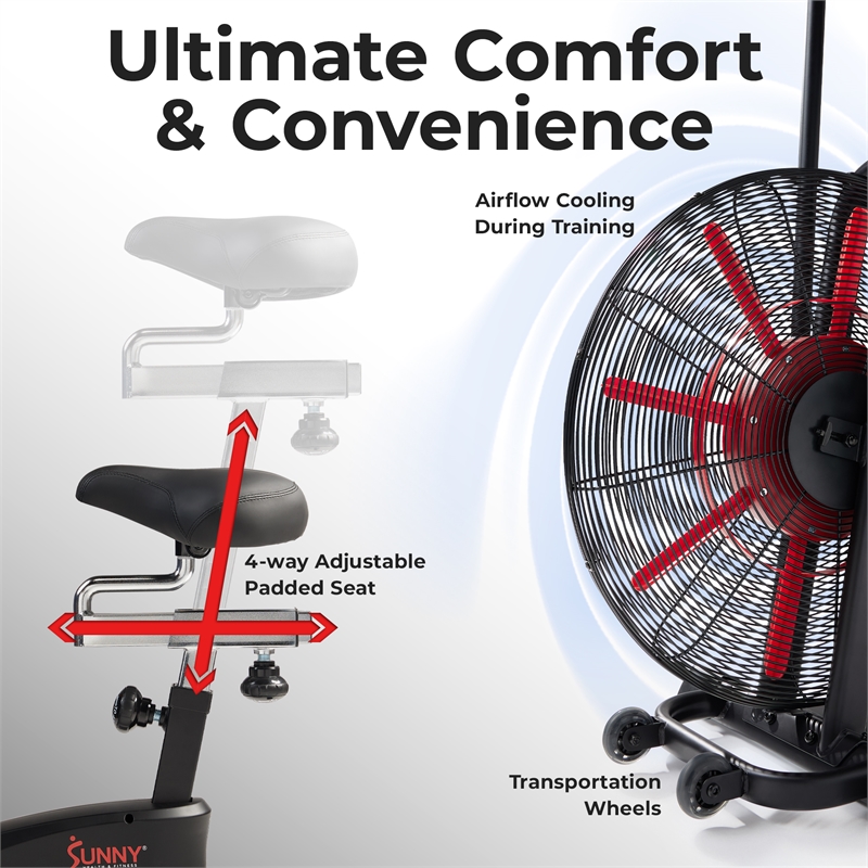 Sunny Health & Fitness Tornado Smart Dual Belt Air Bike in Balck